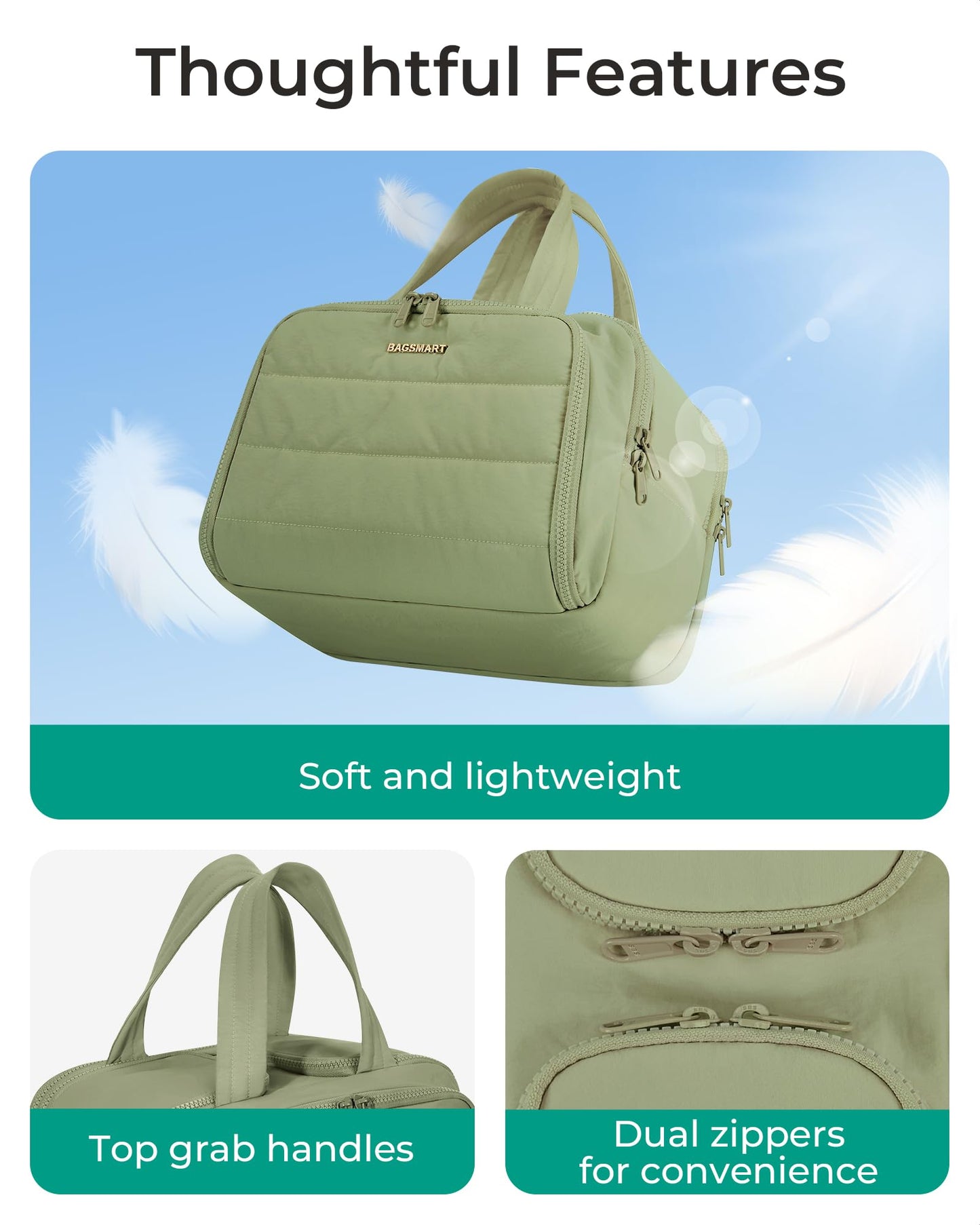 BAGSMART Travel Toiletry Bag, Lightweight Large Wide-open Travel Bag for Women, Puffy Cosmetic Makeup Bag Organizer with Handle for Accessories,Essentials, Toiletries, Green