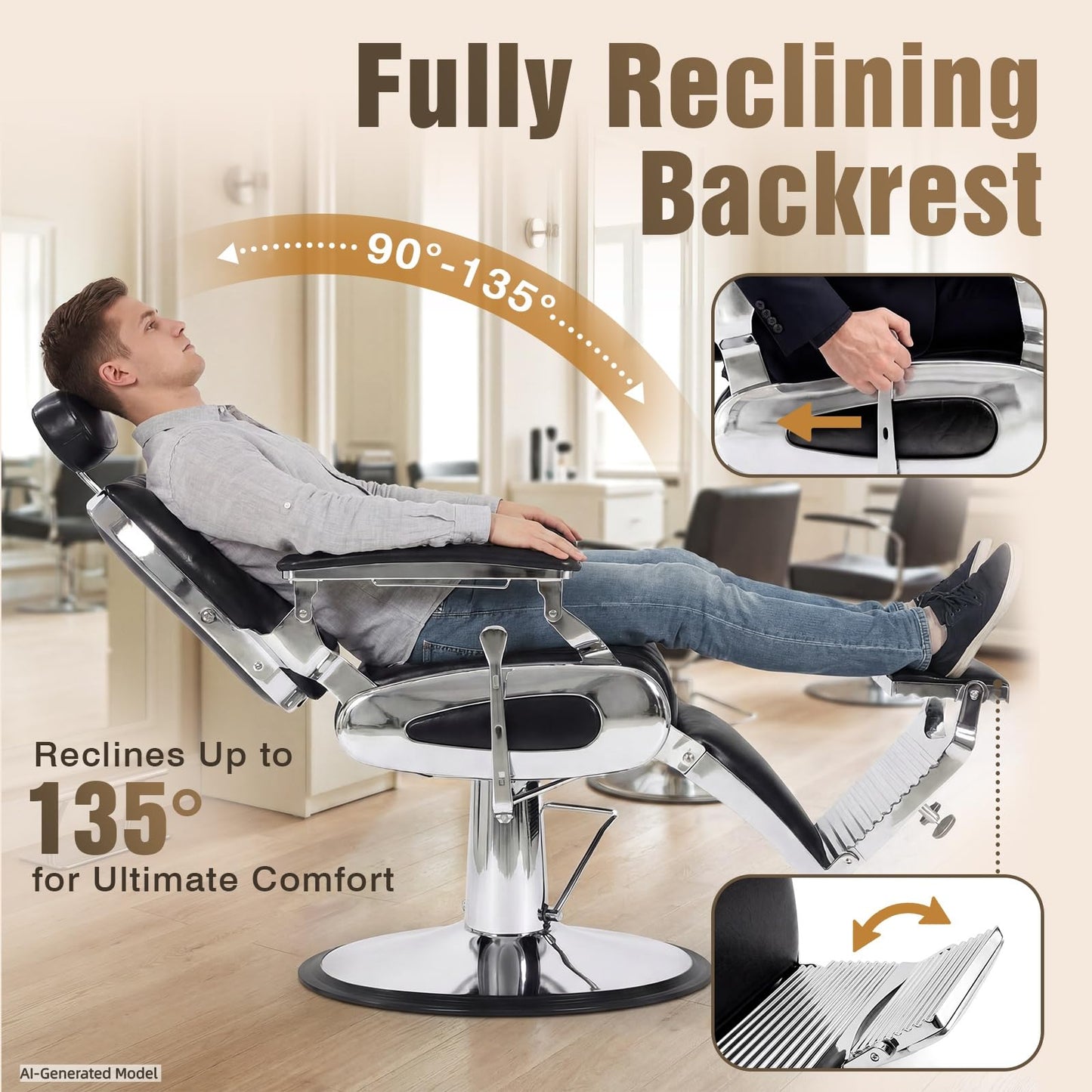 Oakvera Barber Chair, Heavy Duty Vintage Recline Hydraulic Barber Chair with Towel Bar, 360° Swivel All Purpose Professional Salon Chair Barber Shop Beauty Salon Shampoo Equipment, Black and Sliver