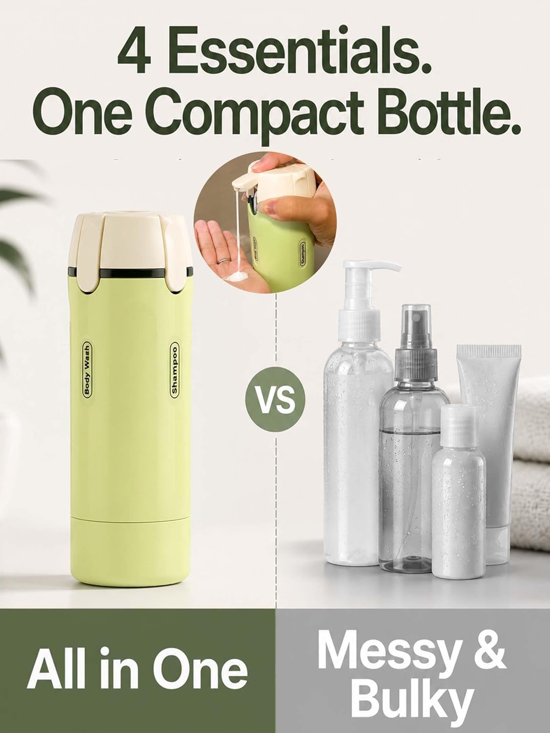 Travel Dispenser Bottle - 4 in 1 TSA Approved Leak Proof Toiletry Containers for Shampoo, Conditioner, Lotion & Skincare | Easy Clean Travel Bottles