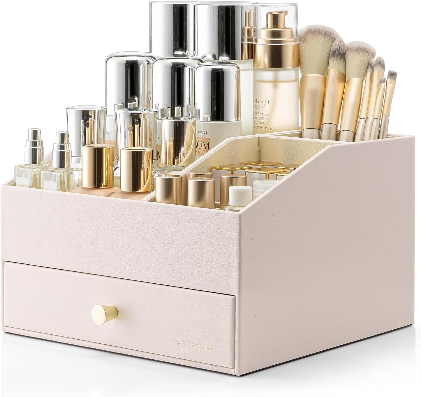 VLANDO Makeup Organizer - PU Leather Vanity Storage with Drawers | Beige Cosmetic & Skin Care Organizer for Women