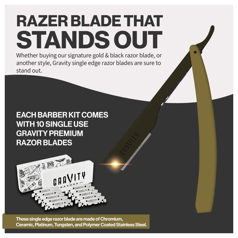 GRAVITY RAZORS Professional Straight Razor Kit – Ultra Exposure, Includes 10 Premium Blades, 2mm Exposed, Gold & Black