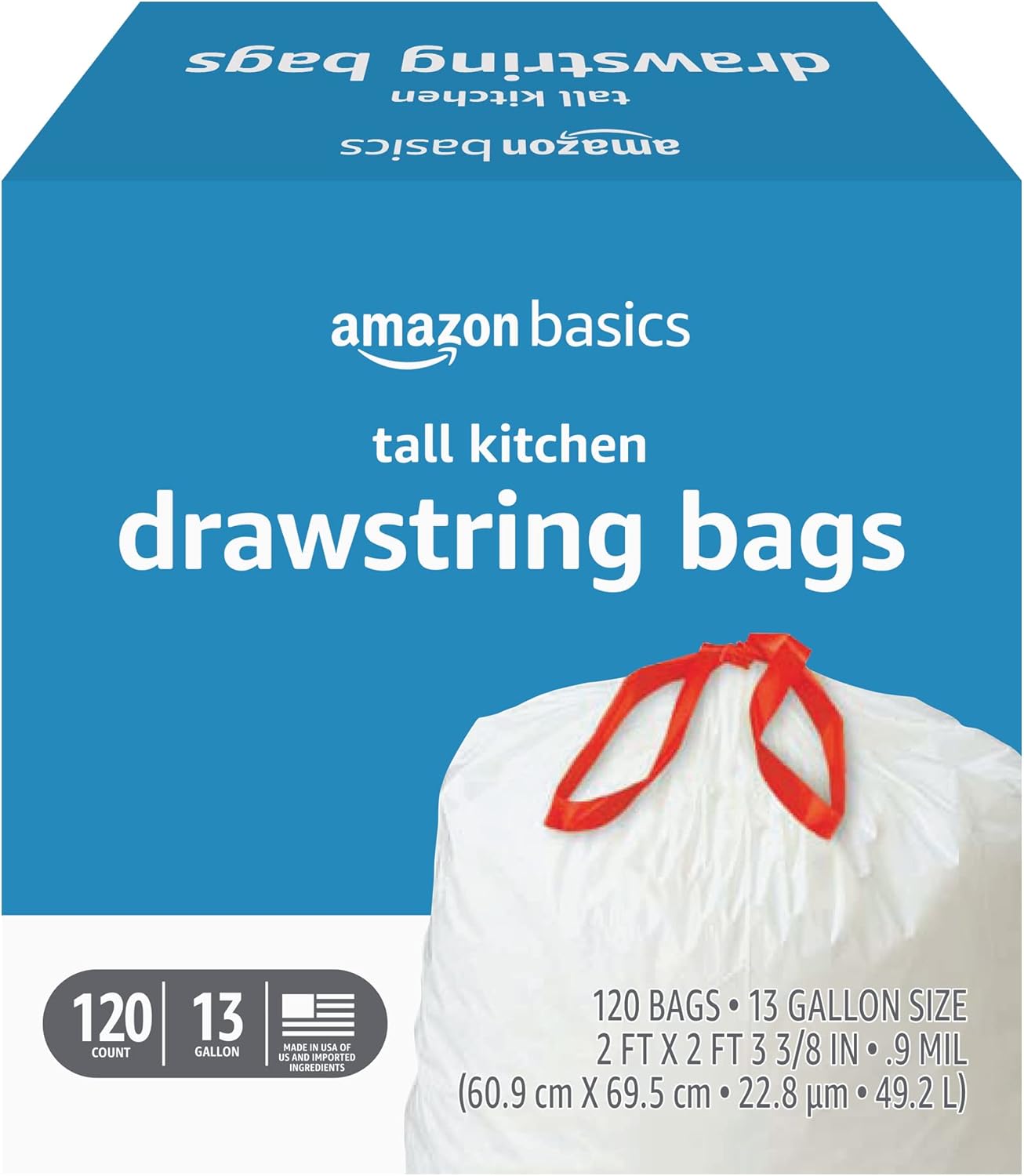 Tall Kitchen Drawstring Trash Bags - Sturdy & Tear Resistant | 13 Gallon, Unscented, 120 Count