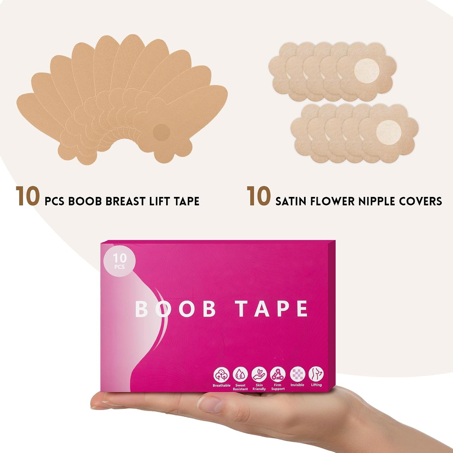 Boob Tape for Breast Lift - 10 Pcs Invisible Body Tape with Pasties for Women | Comfortable & Discreet