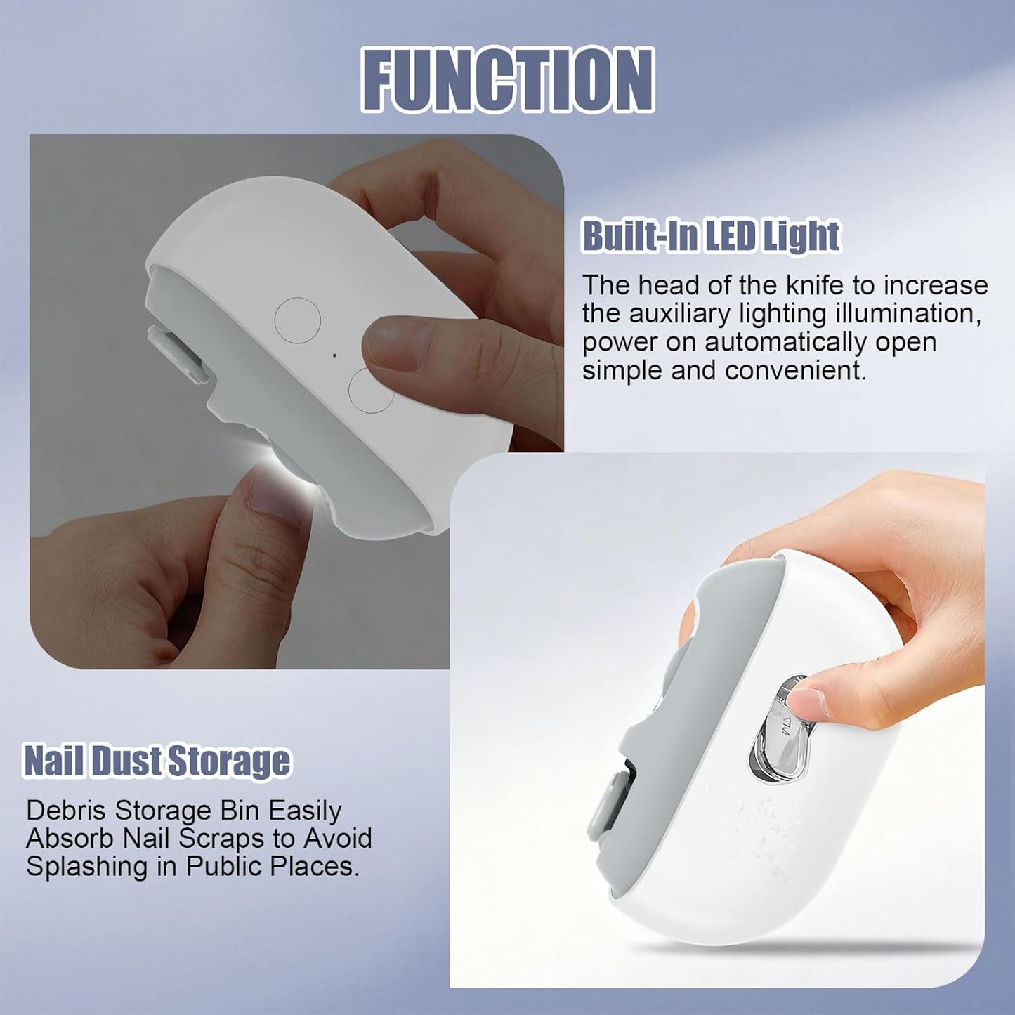 Electric Nail Clipper - 3-in-1 Automatic Trimmer for Seniors & Adults | LED Light & Nail Scraps Storage (White)
