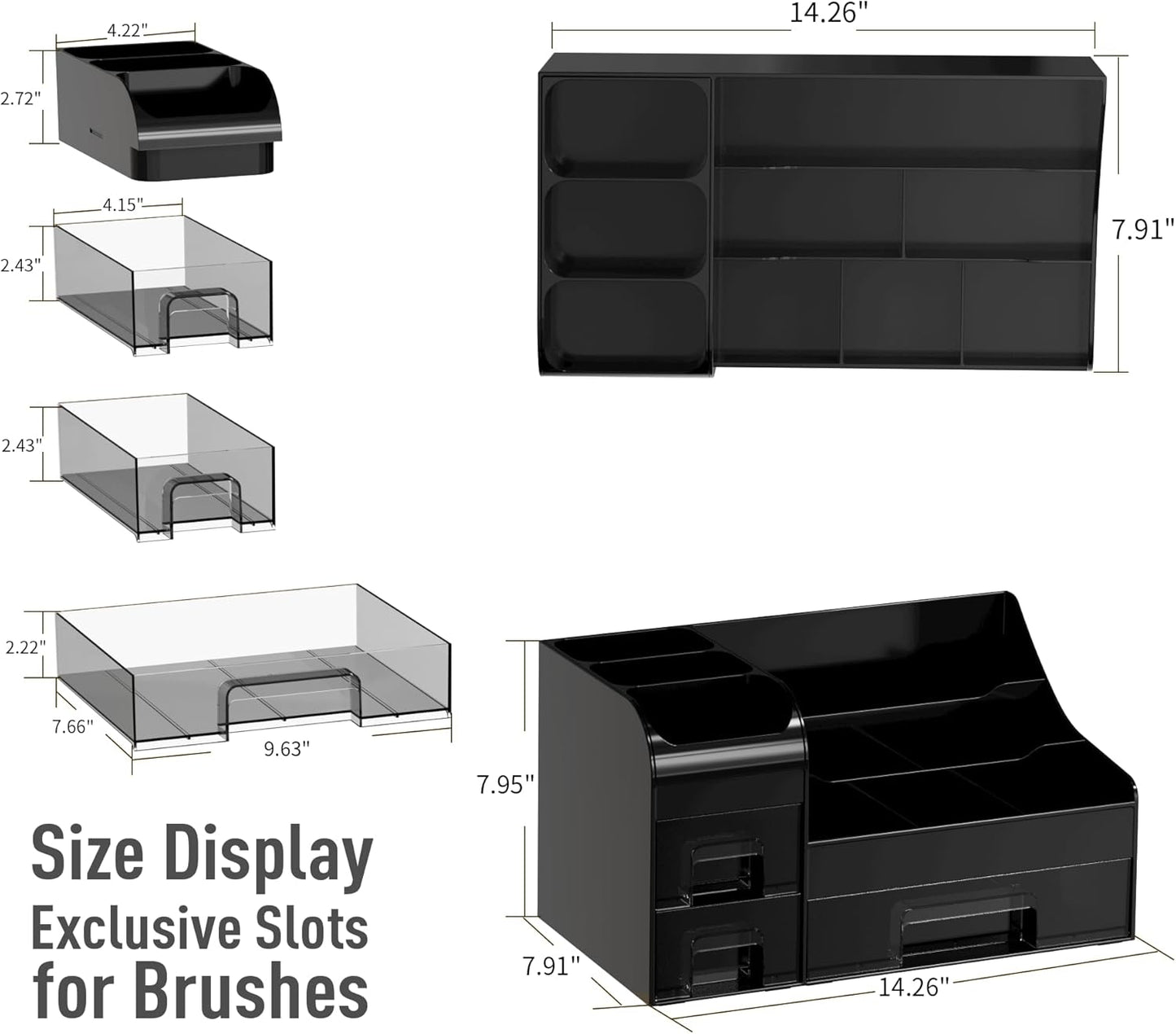 Large Makeup Organizer - Vanity Countertop Storage with Drawers & Brush Holder | Black
