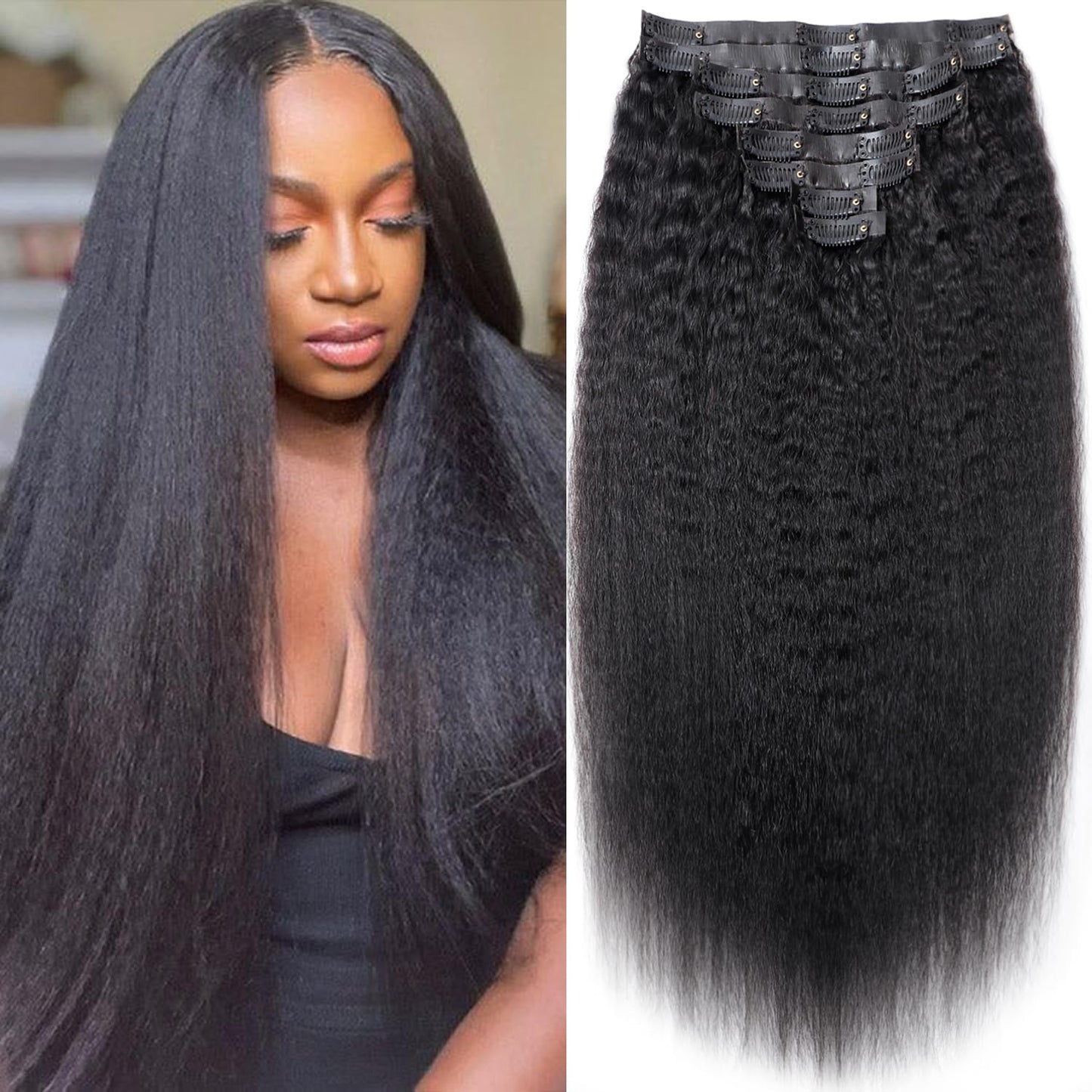 Mihugass Seamless Kinky Straight Clip In Hair Extensions Human Hair Natural Blend Kinky straight Clip Ins for Black Women Soft Full Volume Invisible Weft Not Flat 18 Inch 8Pcs 120g