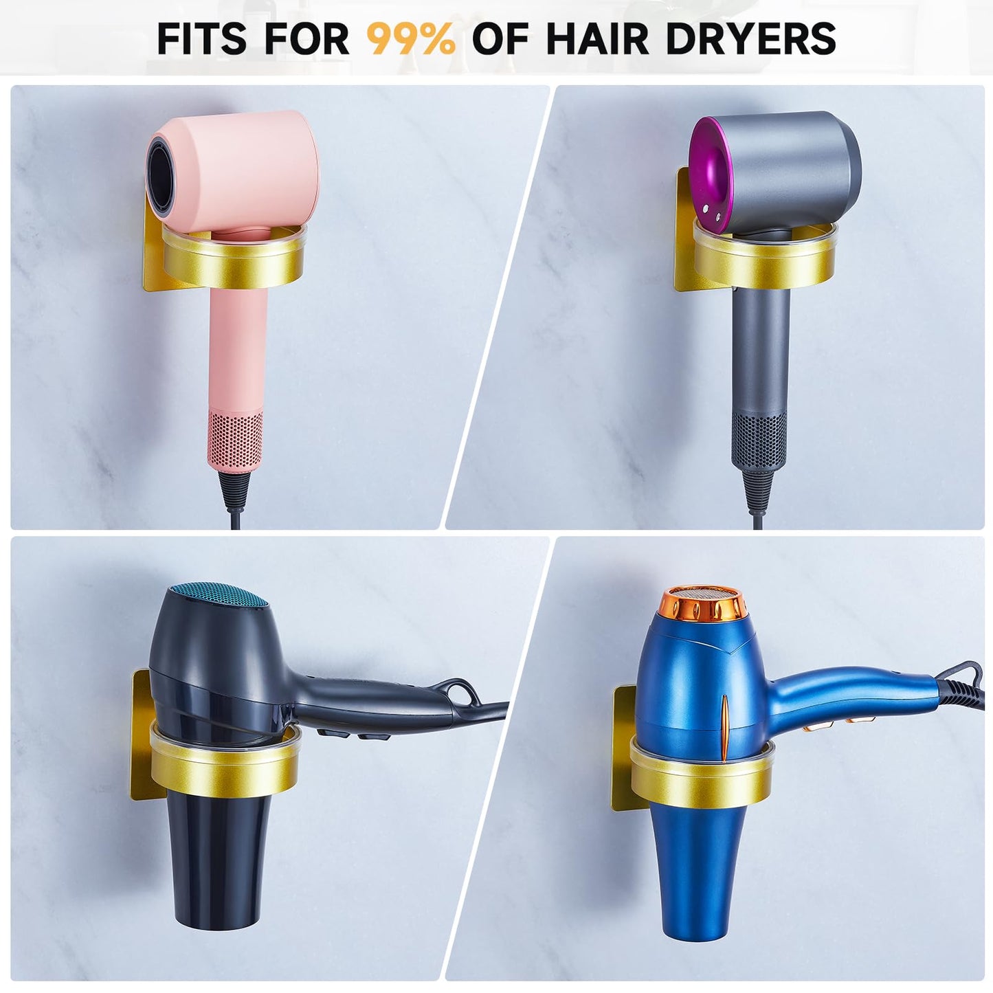 Oukimly Hair Dryer Holder Wall Mounted, Blow Dryer Holder, Hair Tool Organizer for Hair Dryer Storage Hanger, Adhesive Hairdryer Holder for Bathroom Barber Shop (Gold)