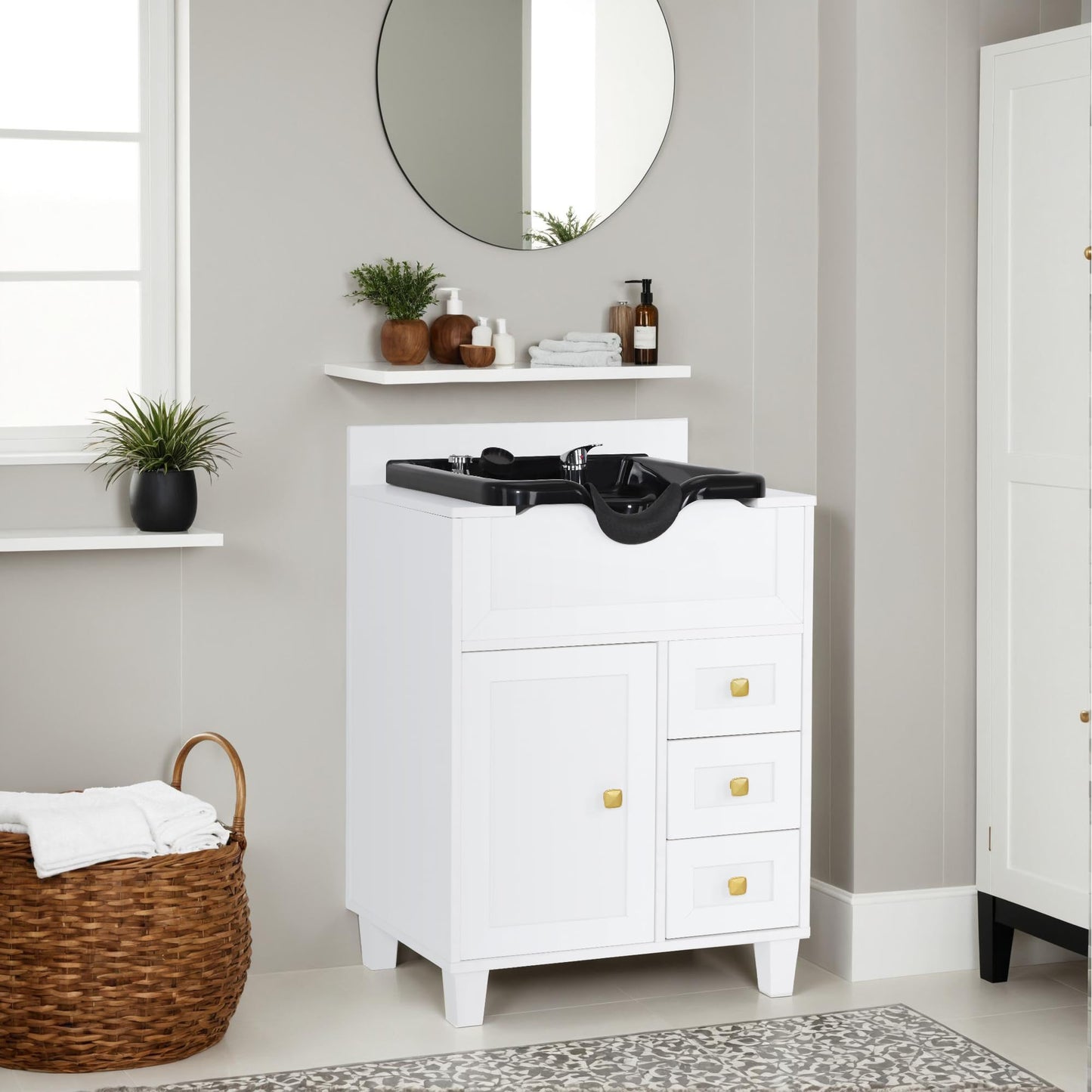 BarberPub Barber Storage Shampoo Station, Spa Textured Embossed Cabinet with Shampoo Bowl & Drawers, Hair Salon Sink Backwash Equipment 7131 (White)