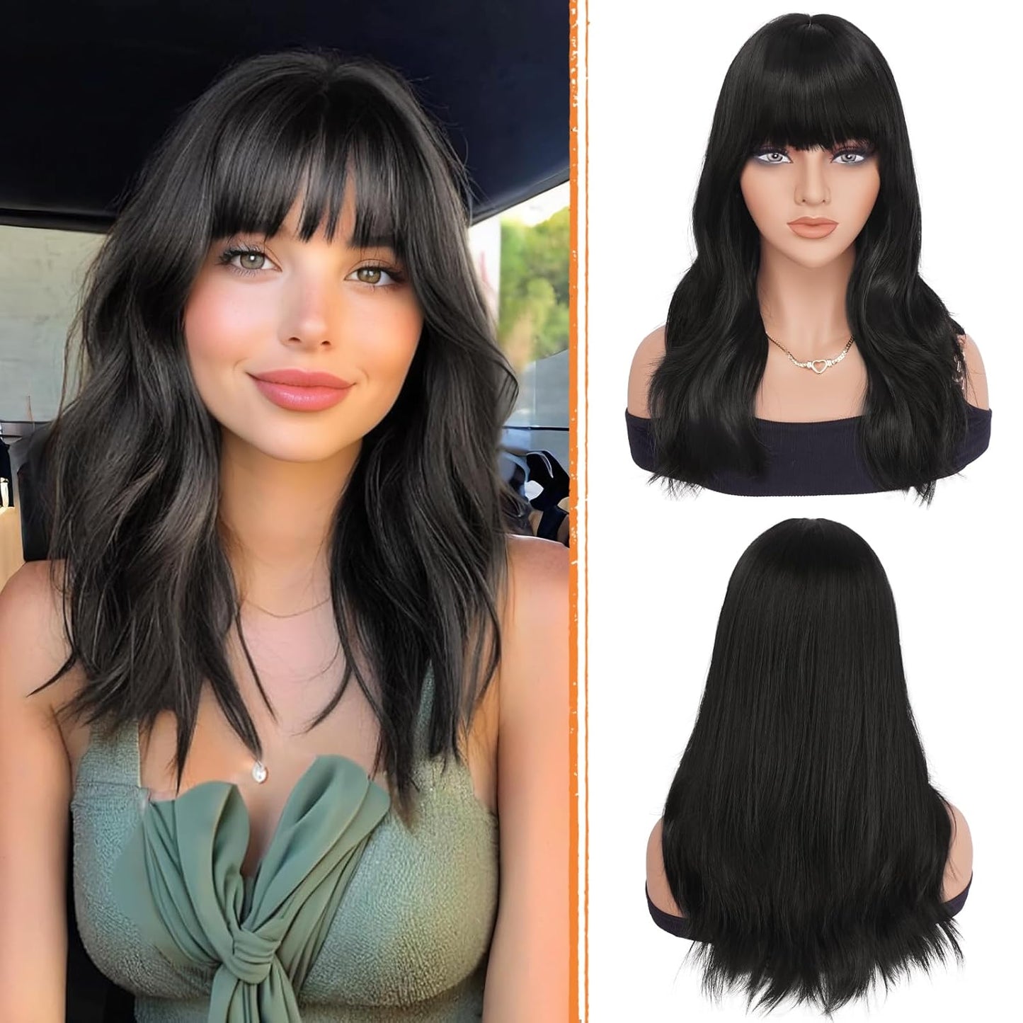 Brown Wigs with Bangs - 19 Inch Natural Wavy Synthetic Heat Resistant Hair for Women | Blonde Mixed Brown