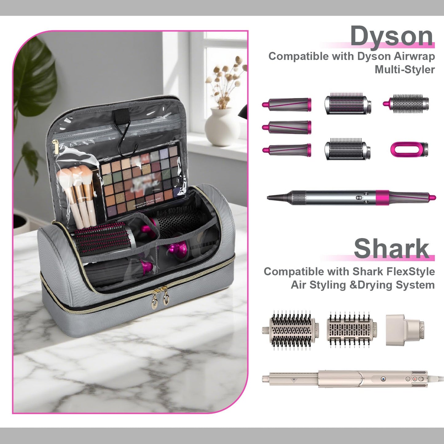 Wigojoy Portable Travel Carrying Case Compatible with for Dyson Airwrap & Shark Flexstyle, Waterproof Carry Bag with Internal Metal Hook for Tangle-Free Travel & Bathroom Storage