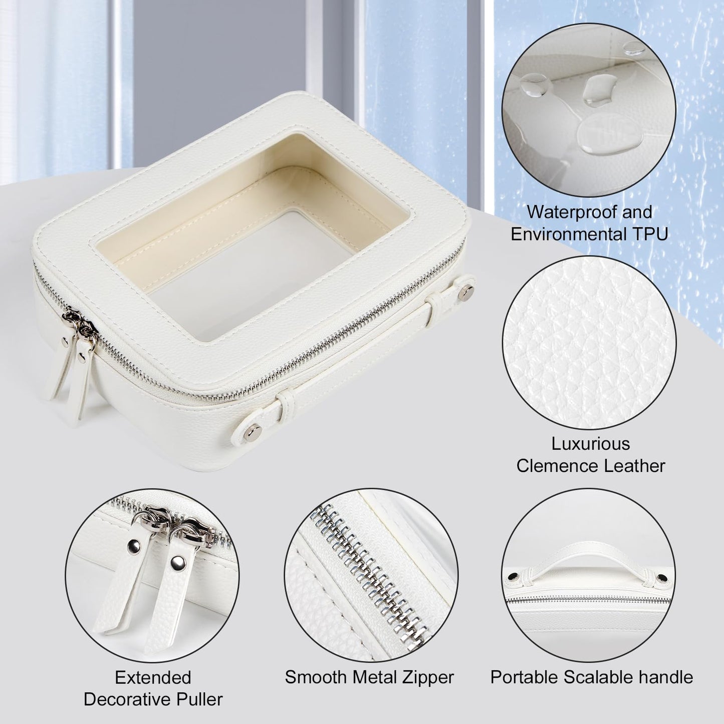 EcoVision Clear Makeup Bag, Travel Cosmetic Accessory Bag, Toiletry Organizer Bags for Women, Portable Waterproof Zipper Cosmetic Bag with Transparent Window, White