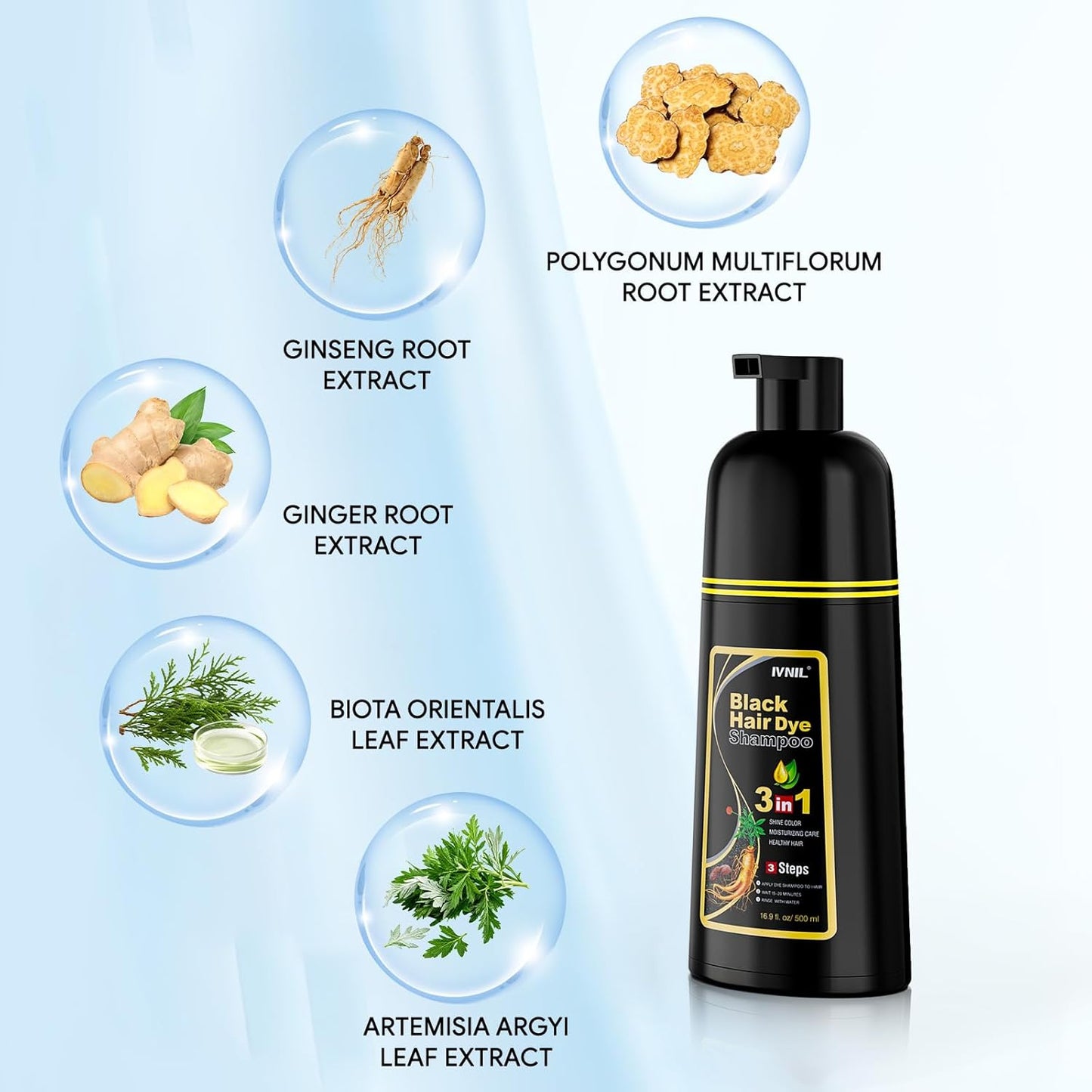 Ivnil Black Hair Dye Shampoo - 3-in-1 Semi-Permanent Color for Gray Hair | Unisex Formula