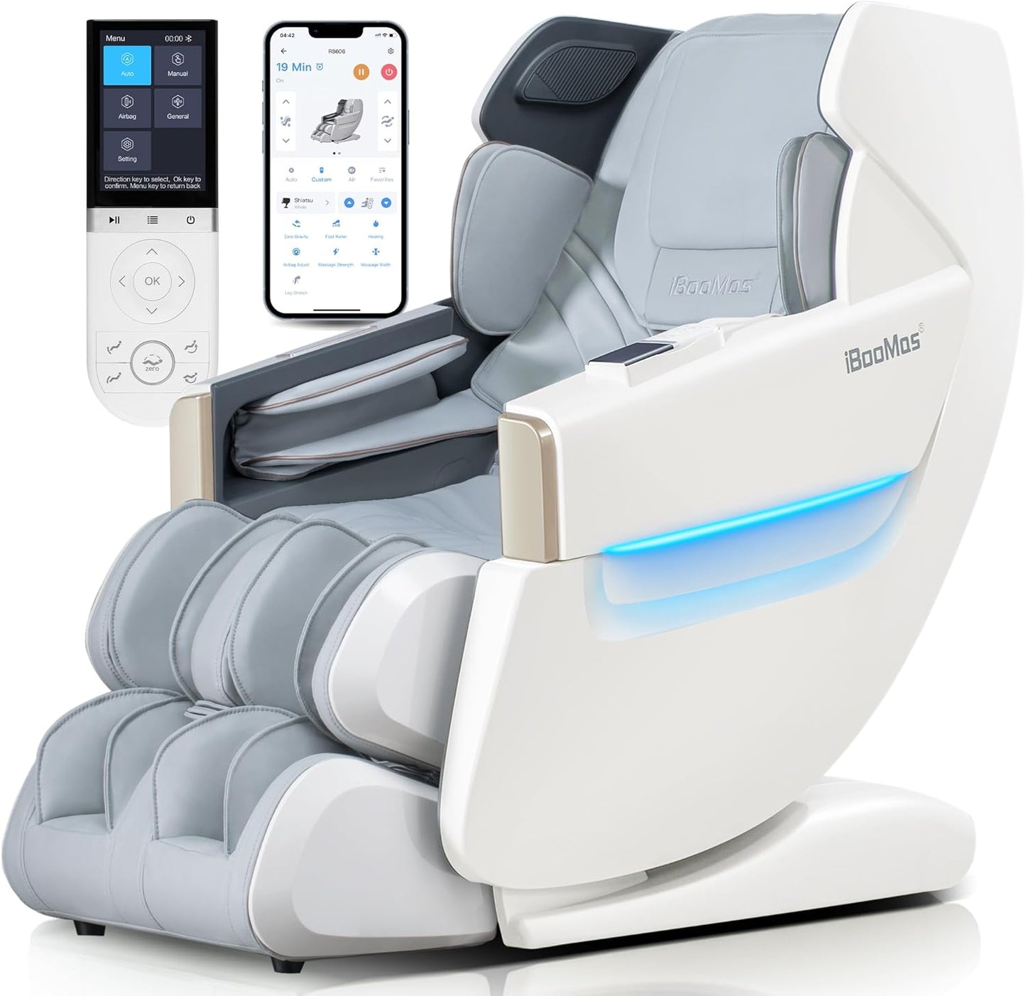 Massage Chair - Full Body Zero Gravity Recliner with 54in SL-Track, 18 Modes, Foot Massage & AI Voice Control | White & Grey