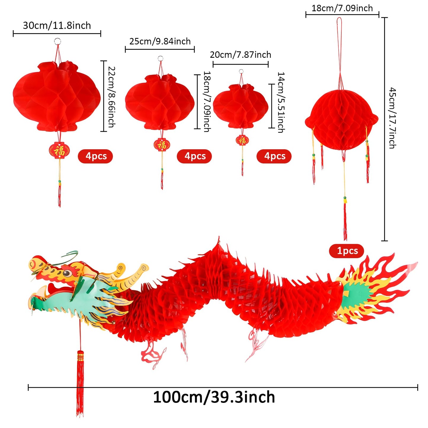 BRIOYHA 14PCS 3D Chinese Dragon Decoration Set with Red Ball 12 Lanterns for 2026 Lunar New Year, Spring Festival Party Decor