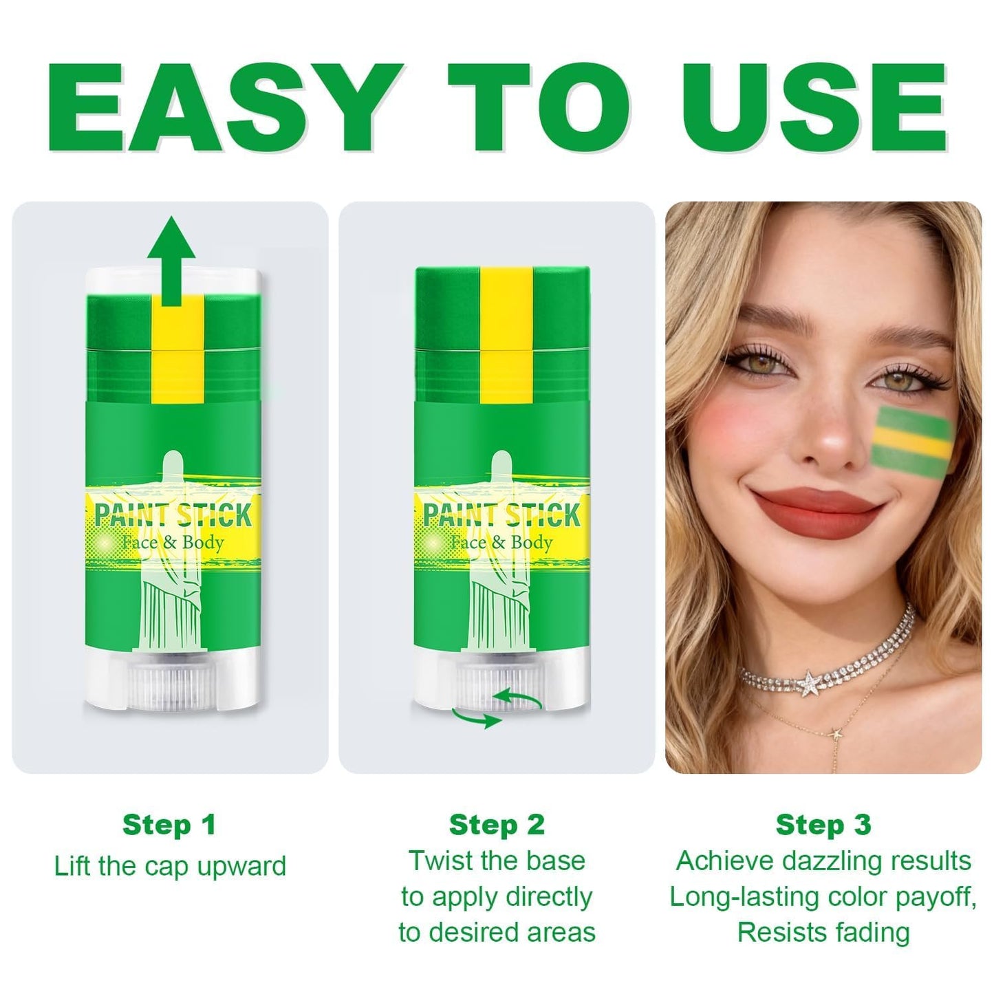 Green Yellow and Green Brazil Face Paint Stick for World Cup Fans, Sweatproof & High Pigment Sports Face Body Paint Sticks for Football, Softball, Baseball, Lacrosse, Rugby,Party Accessories