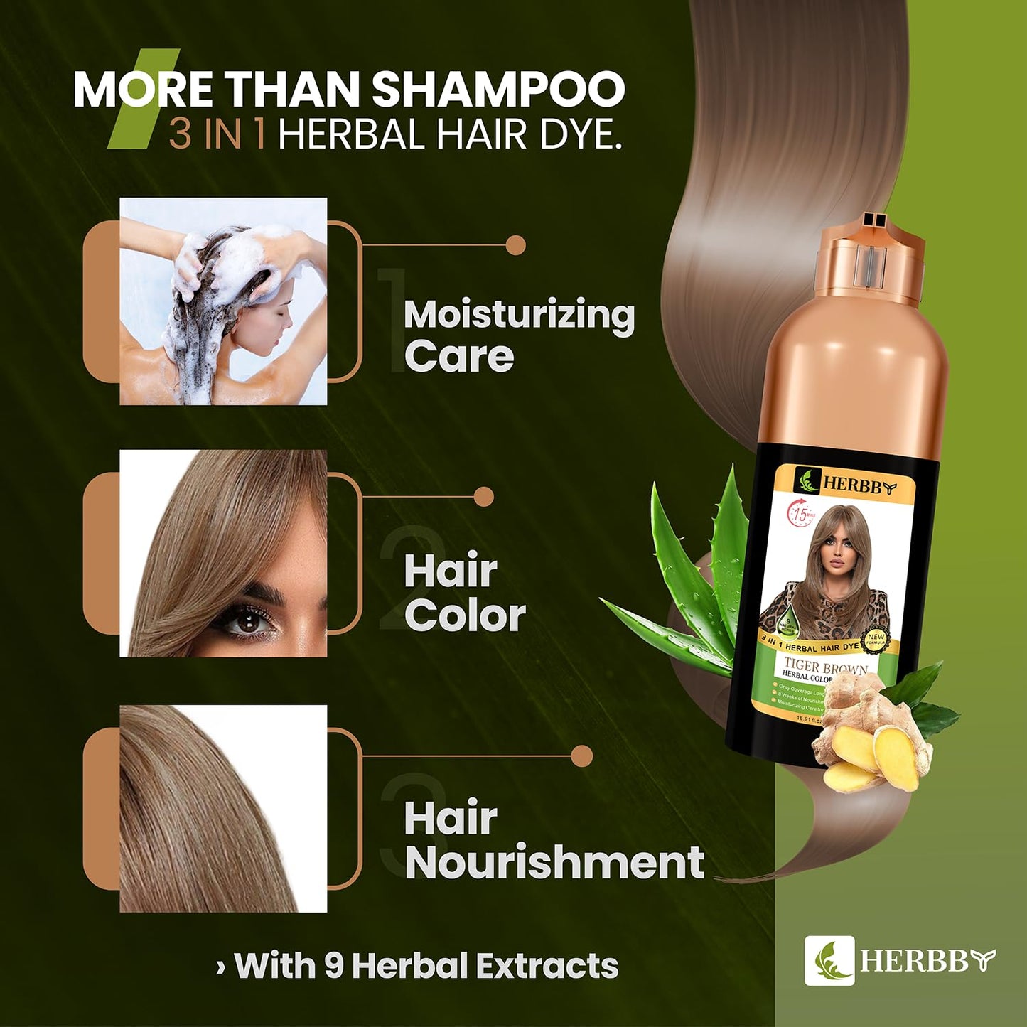 Hair Color Shampoo for Gray Coverage | 9 Herbal Extracts, Long-Lasting Shine - 500ml Tiger Brown