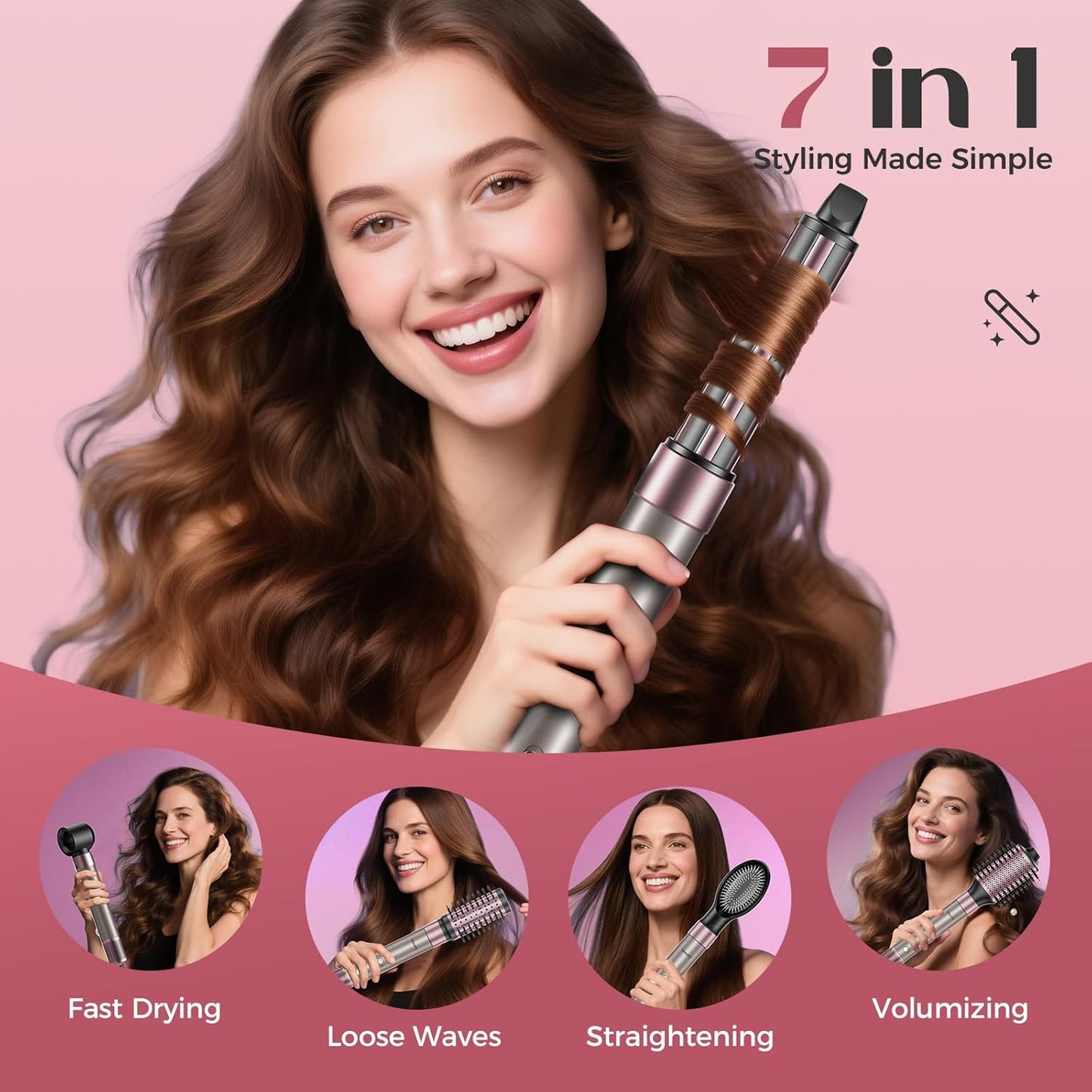 Vincofy 7-in-1 Hair Dryer Brush - Fast Drying, Curling & Volumizing | 1500W Motor, Pink