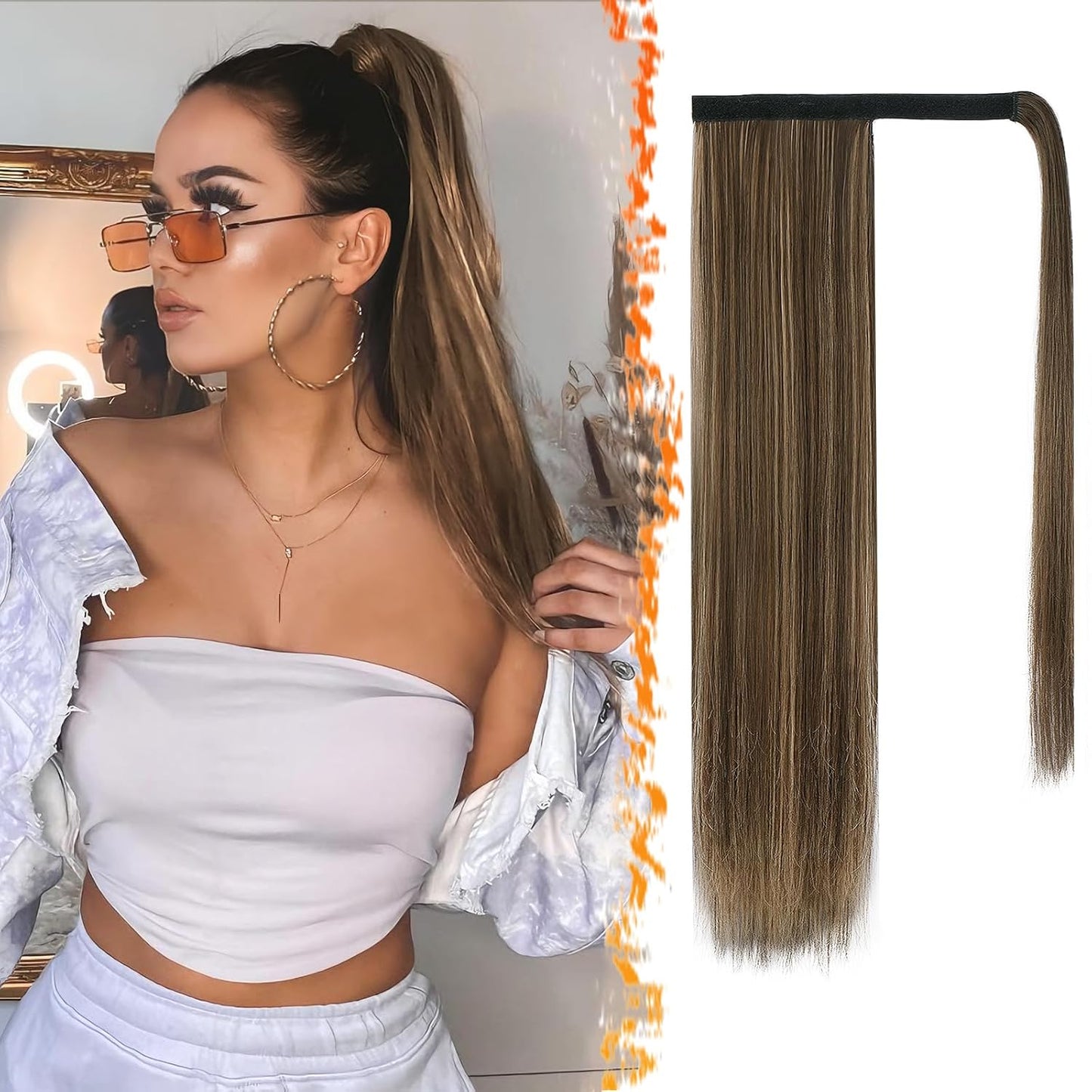 Dark Brown Straight Wrap Ponytail Extension - 24 Inch Clip-In Hairpiece for Black Women | Synthetic Hair