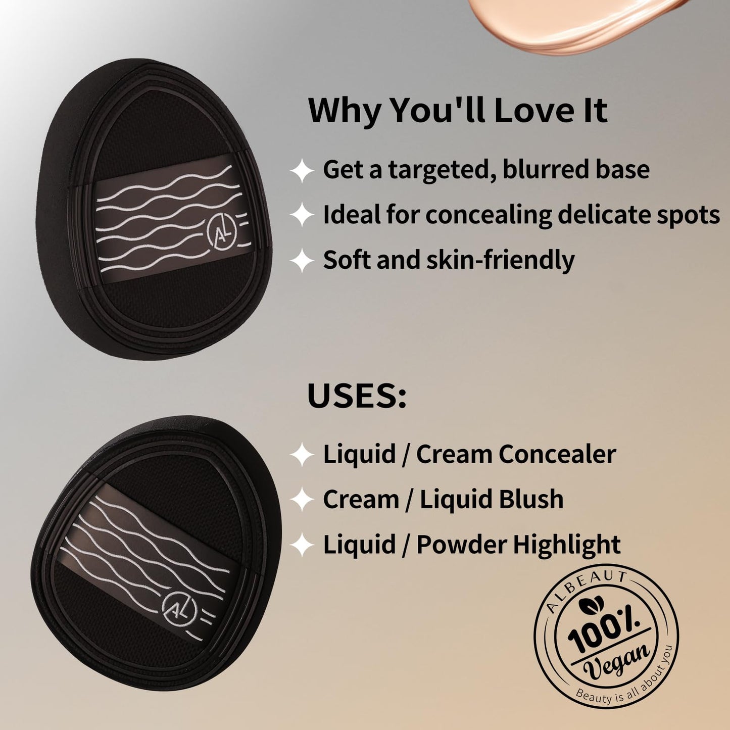 Albeaut Concealer Brush Set Under Eye Concealer Brush with 2PCS Precise Air Cushion Puff Multi-use for Powder Liquid Concealer/Blush/Highlighter Mini & Portable