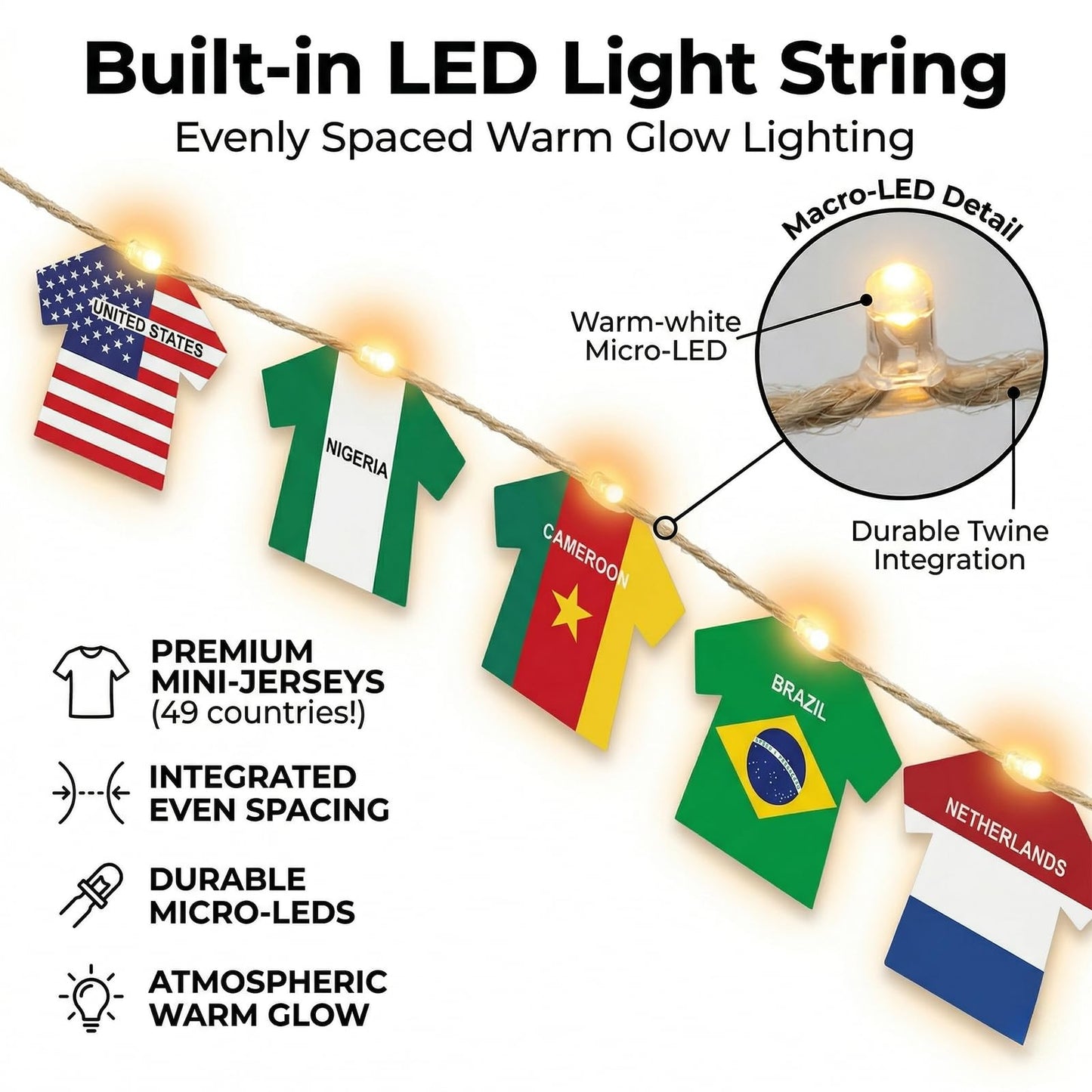 2026 World Cup Decorations with LED String Lights, 49 Countries Soccer Jersey Flag Banner Garland, Lighted Soccer Party Decorations for Watch Party, Bar, Home, Game Room, Sports Fan Decor
