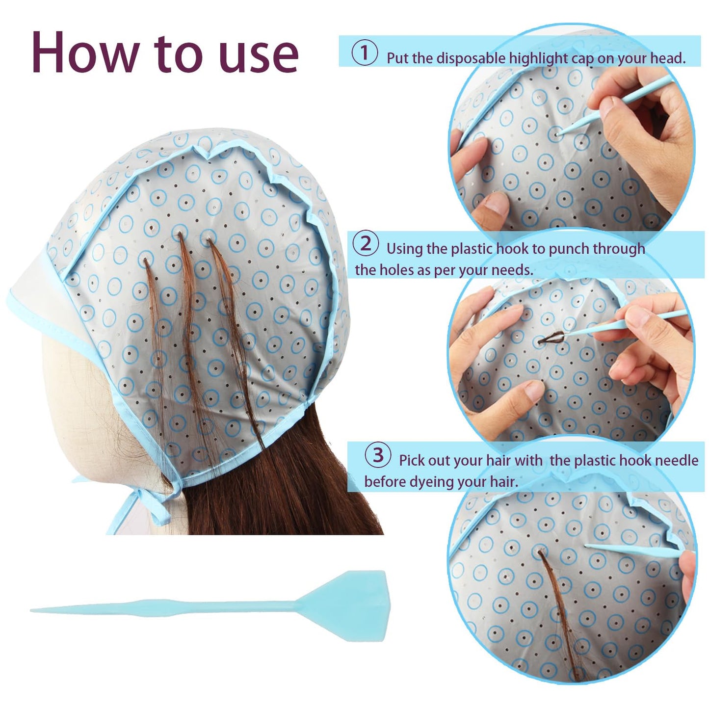 Hair Highlighting Cap - Blue Hair Coloring Frosting Kit with Plastic Crochet Hook for DIY Salon Hair Dyeing