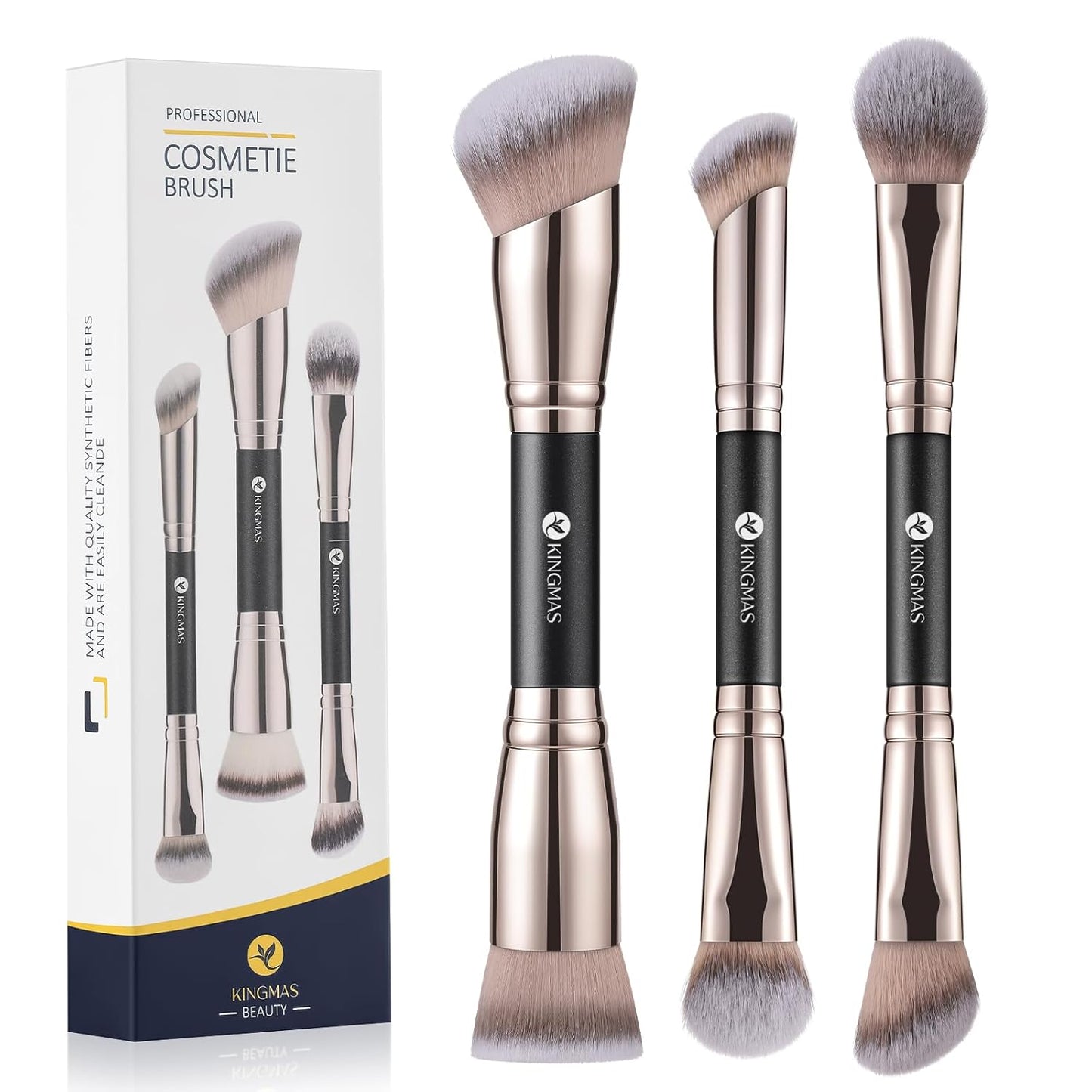 Foundation Concealer Contour Brush Set - 3 Dual-Ended Makeup Brushes for Liquid & Powder | Cruelty-Free & Vegan