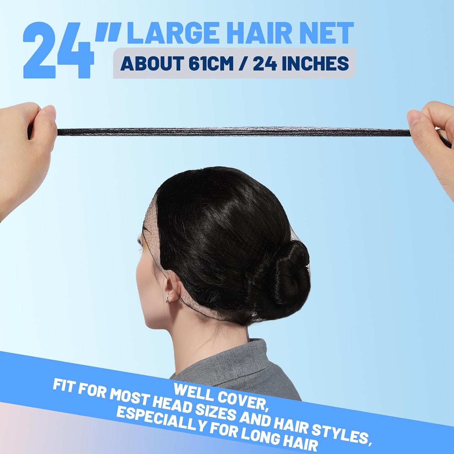 Black Hair Nets - 60 Pcs Invisible Nylon Hairnets for Food Service Workers | 24-Inch Size for Men & Women