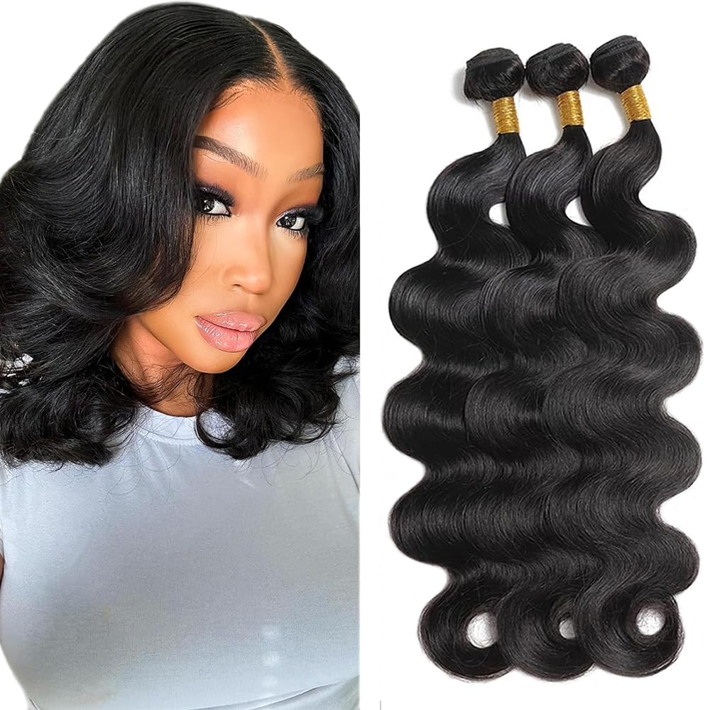 GveoXvo Human Hair Bundles Body Wave Bundle Human Hair 12 14 16 Inch Mixed Length 3 Bundles Natural Black Color