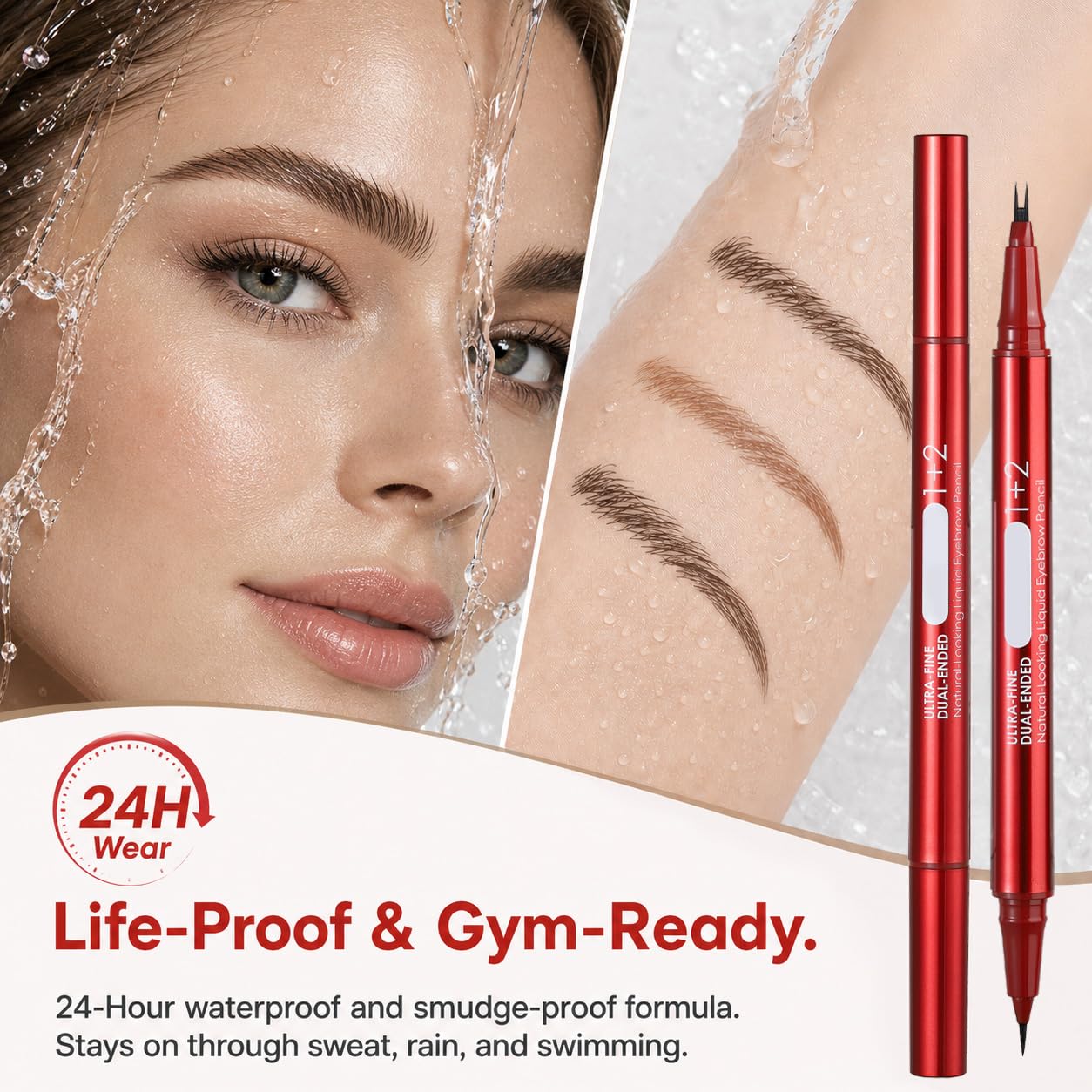 Dual-Ended Faux Brow Pen, Hair-Like Liquid Eyebrow Pencil with Double-Brush Tip & Precise Single Tip, Fast & Easy Makeup for Sparse Brows, Waterproof & Smudge-Proof Eyebrows Dark Brown