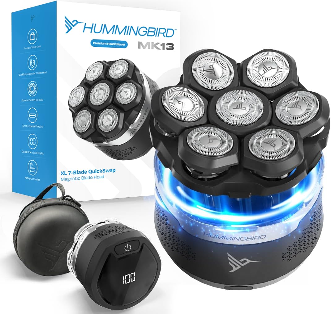 HUMMINGBIRD MK13 Premium Head Shaver, 7 Blade Electric Razors for Men, Cordless USB-C Rechargeable Wet & Dry Electric Head Shavers for Bald Men, Waterproof Skull Shaver, LED Display, Travel Case