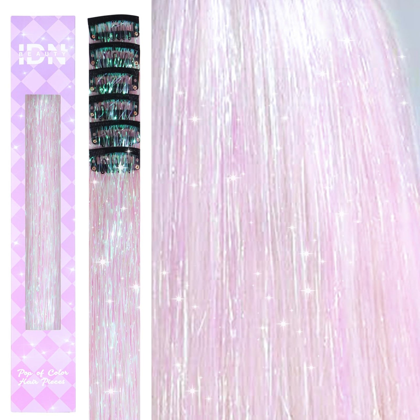 IDN BEAUTY Hair Tinsel Clip in, Sparkling Tinsel Hair Extensions 3s Wear and Go for Party Daily Travel Birthday, 24Inch Hair Tinsel Accessories for Girls Women Kids