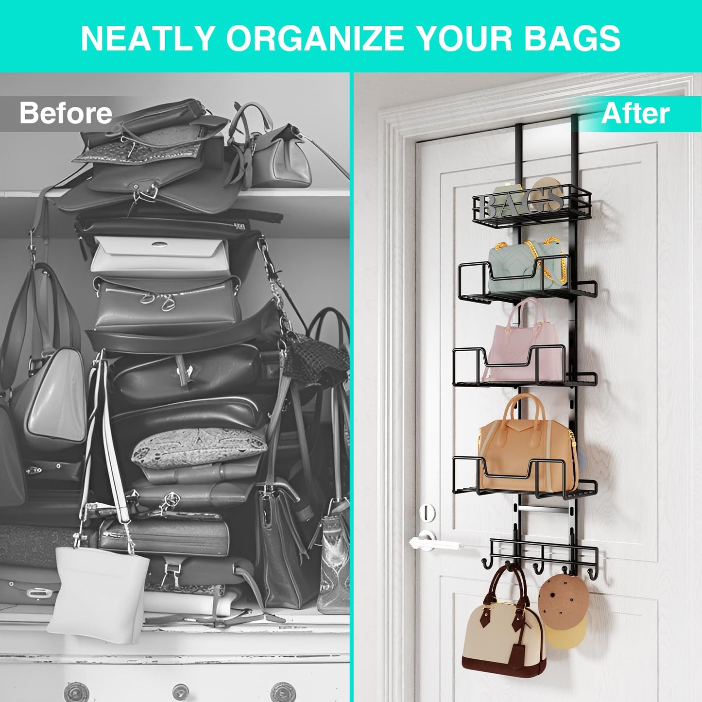 HapiRm Purse Organizer Storage Rack - Floor-Standing 3 Tier Purse Holder with Side Hooks and Transparent Pockets for Handbag Storage, High-Capacity Bag Organizer for Closet, Home, Living Room
