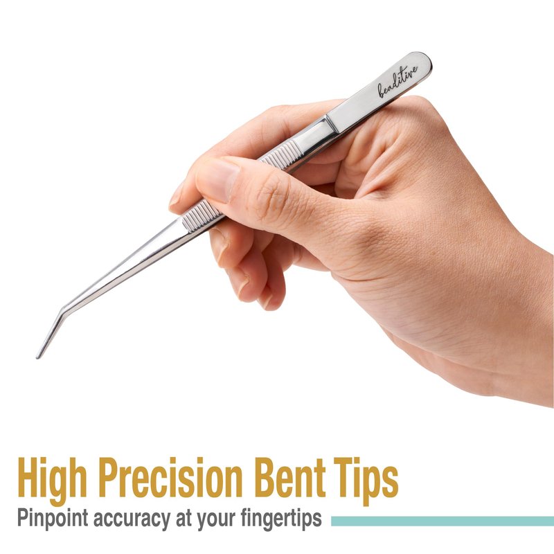 Beaditive 6-inch Sewing Machine Tweezers Set (3-PC) Serrated Bent Tips | Professional Grade, High Precision | Stainless Steel