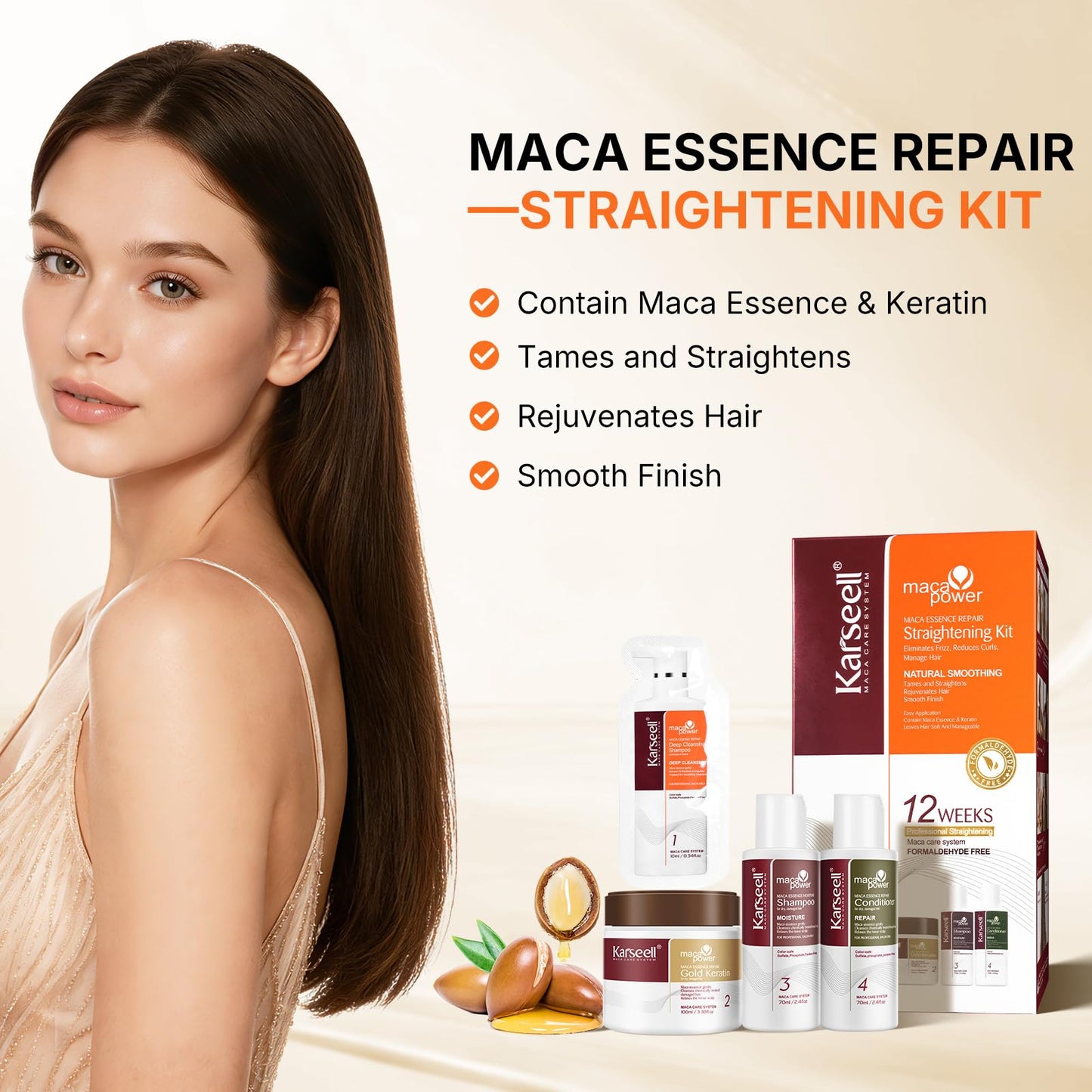 Karseell Maca Essence Repair Keratin Hair Treatment Straightening Kit, 12 Weeks of Home Use Professional Straightening, Softer and Shinier Hair, All Hair Types
