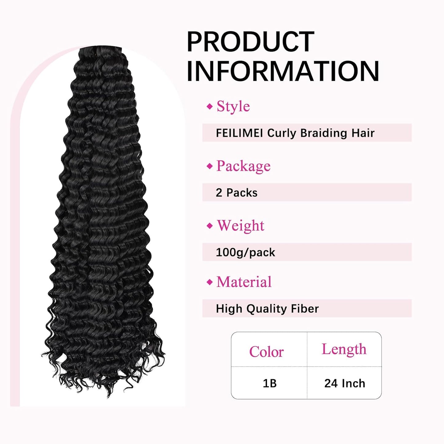 Ocean Wave Crochet Hair Extensions - Deep Wave Synthetic Braiding Hair for Women | 24 Inch, #1B (Pack of 2)