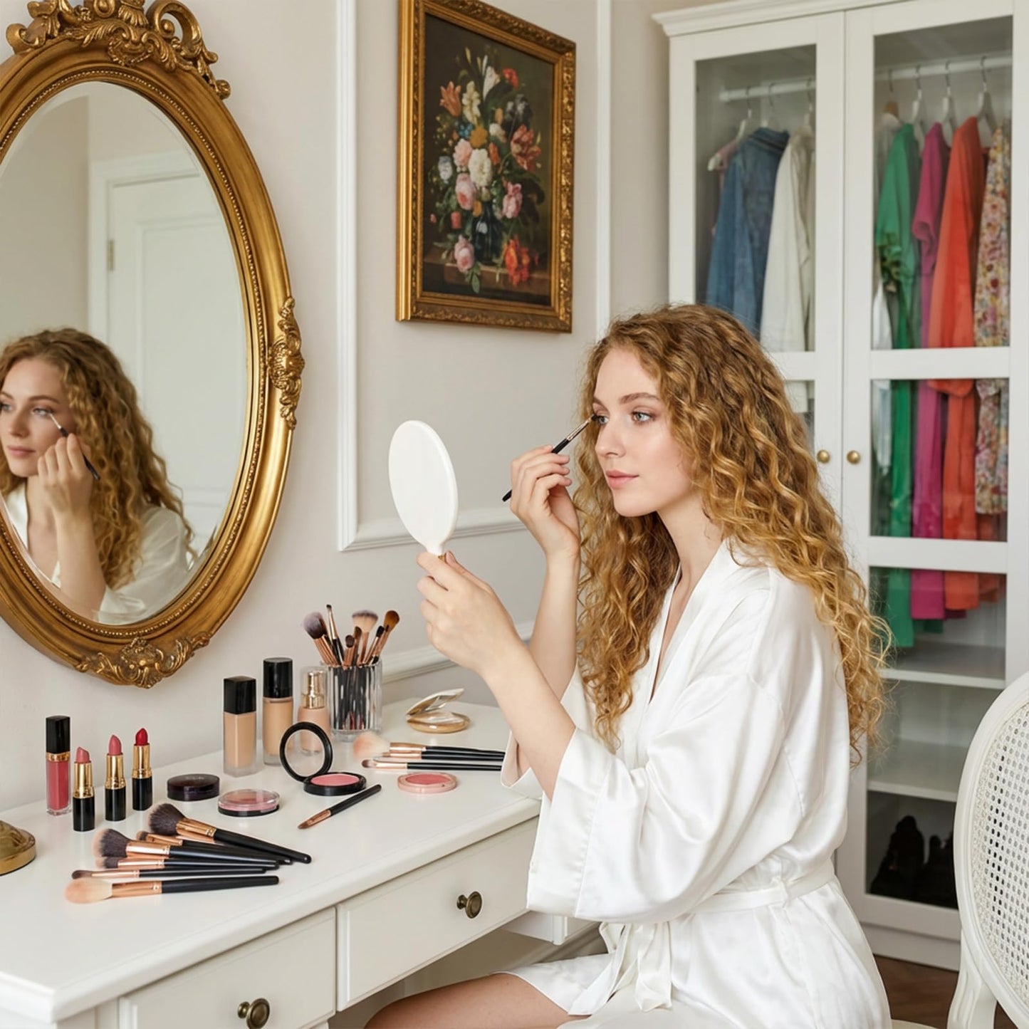 Zyghjort Round Hand Held Mirror with Handle, White Handheld Makeup Mirror