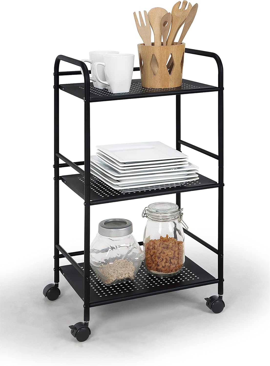 SunnyPoint 3-Tier Rolling Utility Cart - Metal Storage Organizer with Wheels | Mobile Kitchen & Office Organizer, White, 12"D x 16.92"W x 31.1"H
