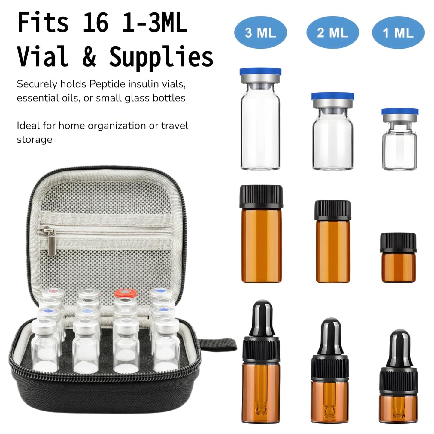 ZyCooom Peptide Case Insulin Vial Holder 16 Slots, Peptide Travel Storage for 1-3ml Vials and Essential Oils For Fridge With Zipper Mesh Pocket and Hand Strap for Diabetic Supplies Kits -Black