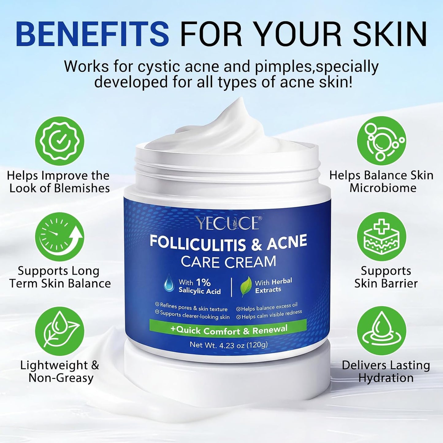 Folliculitis & Acne Cream - Hydrating Formula for Scalp, Face, Body & Butt | Soothes Irritated Skin, 120g