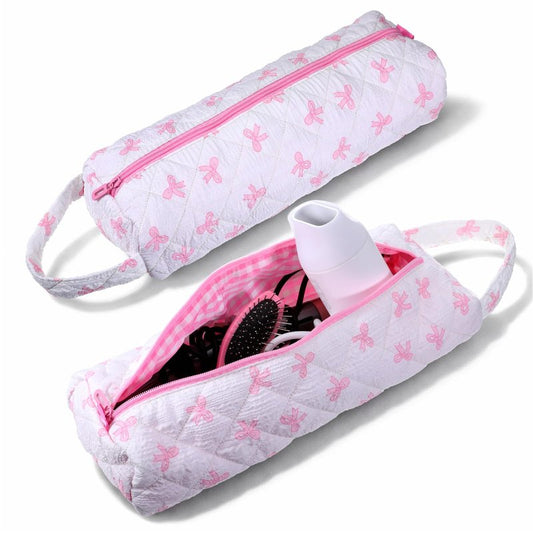 JJUNW 1 Pc Hair Tools Organizer Bag with Bow Pattern, Travel Bag Quilted Cosmetics Toiletry Organizer, Portable Pink Haircare Accessories for Curling Irons, Flat Irons, Hair Dryers Tools(Type 2)