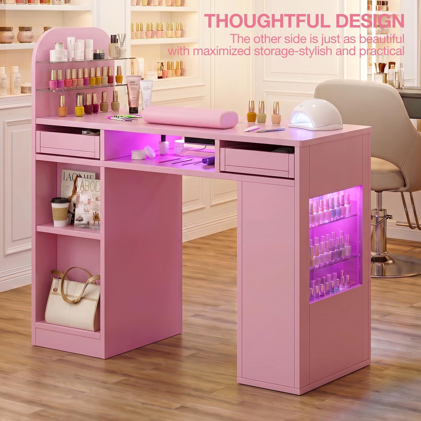 TTGIEET Manicure Table for Nail Tech w/LED Light Display Cabinet，Professional Nail Tech Desk with Storage Cabinet & Drawer, Dust Collector, Wrist Rest, Acetone-Resistant, for Beauty Salon, Spa & Home
