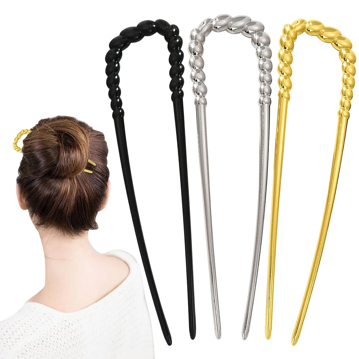 3pcs Metal French Hair Pins,U-Shaped Long Chignon 2 Prong Sticks for Buns, French Twist Hair Pin, Hair Sticks, Hair Fork