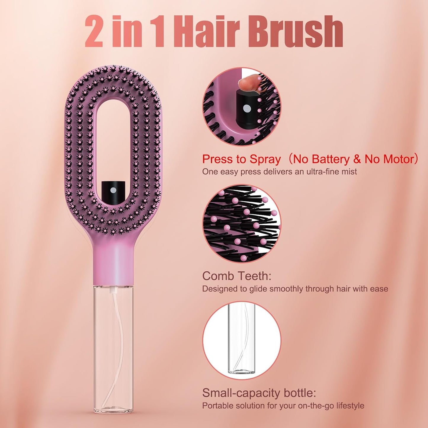 Portable Misting Hair Brush - 2-in-1 Wet & Dry Detangling Tool with Water Spray | Anti-Frizz, Suitable for All Hair Types (Pink)