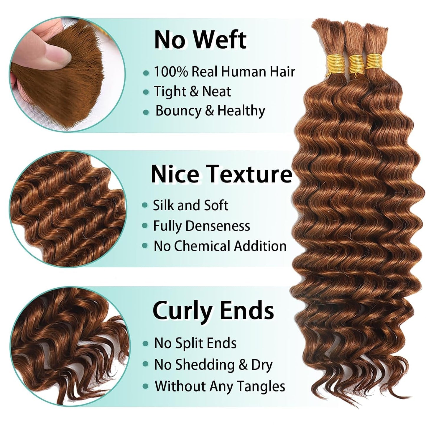 22 22 22 Inch #30 Brown Human Braiding Hair for Boho Braids Deep Curly 150g 3 Bundles/Pack Boho Human Hair for Braiding Light Brown Deep Wave No Weft Extensions Knotless Human Boho Braiding Hair