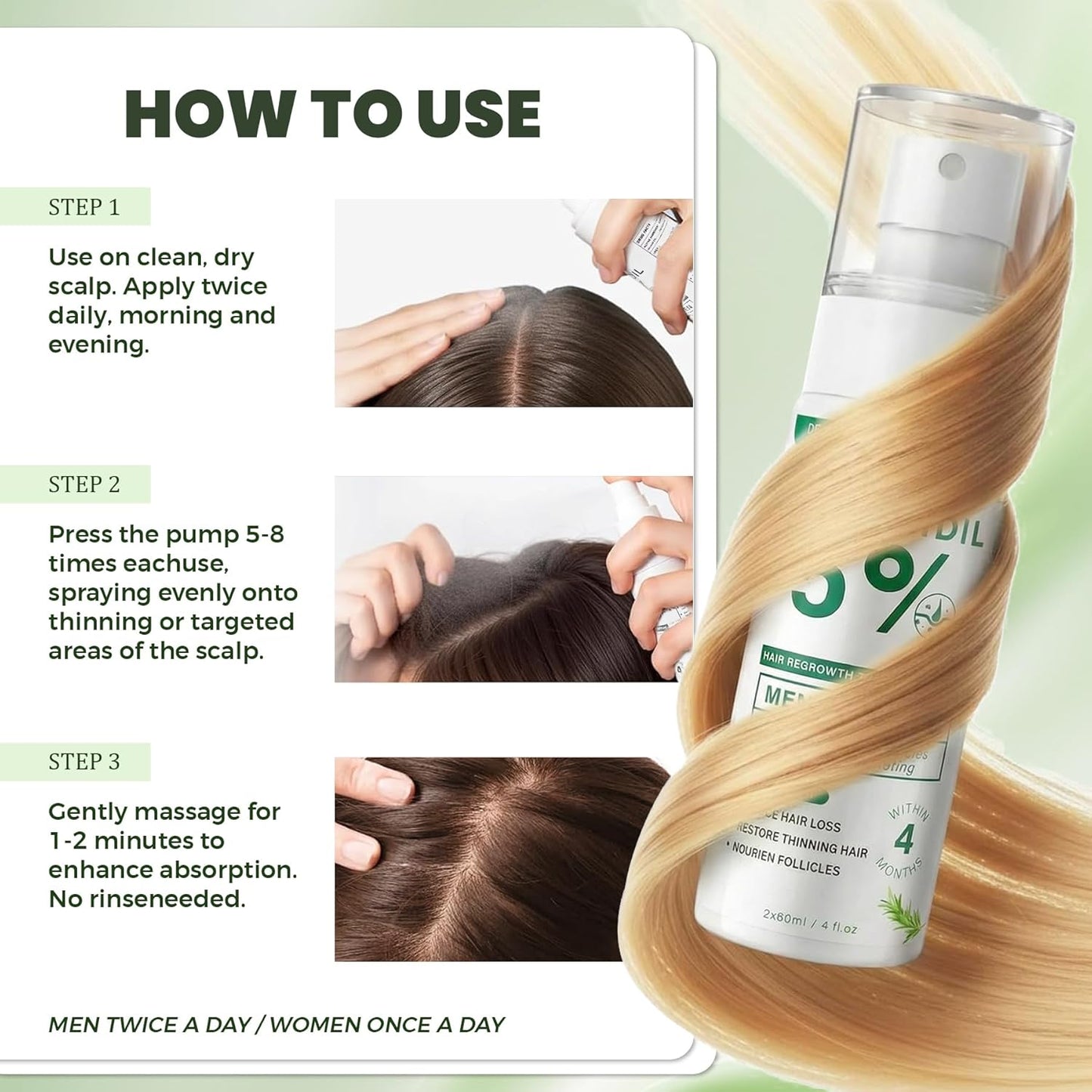 Minoxidil Hair Regrowth Spray - Rosemary Scented Formula for Men & Women | 2 x 60ml Value Pack for Thinning Hair