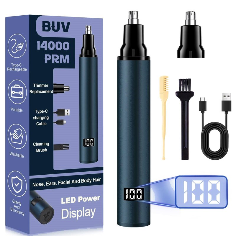 Ear & Nose Hair Trimmer with LED Display for Men Women - 2024 Professional Painless USB Rechargeable Eyebrow & Facial & Nose Hair Trimmer Clipper IPX7 Waterproof Dual Edge Blades, Dark Blue