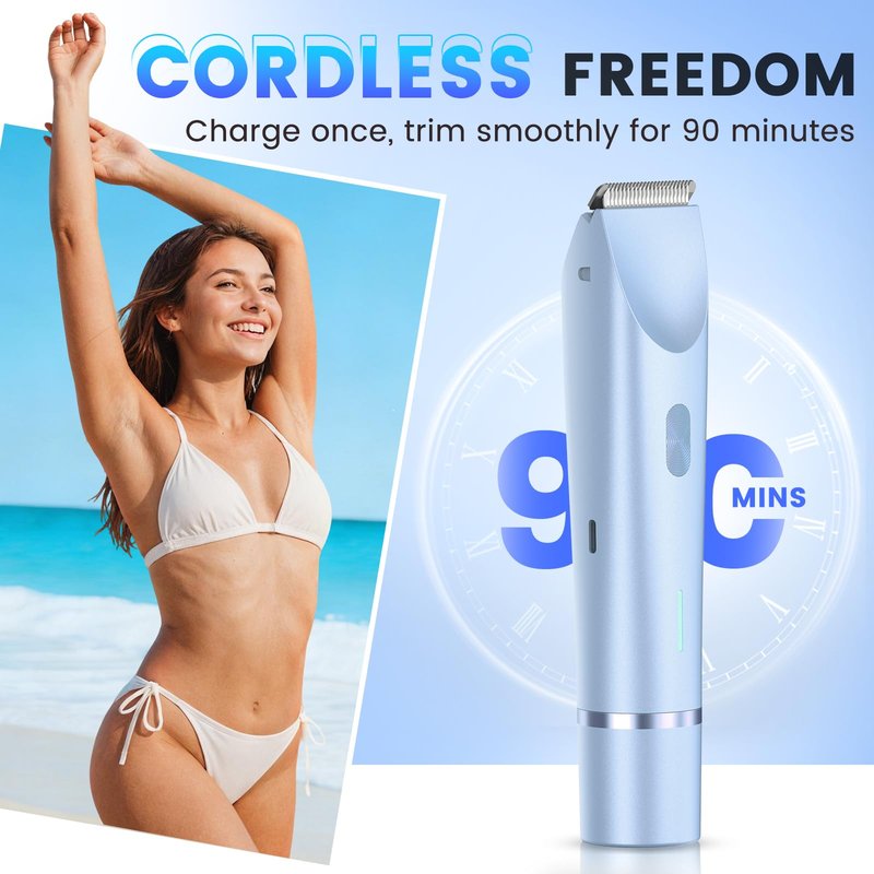 Bikini Trimmer for Women, 2-in-1 Electric Razor with Dual Head, IPX7 Waterproof Body Hair Trimmer for Pubic Hair, Legs, Underarms and Sensitive Areas, Cordless Rechargeable (Blue)