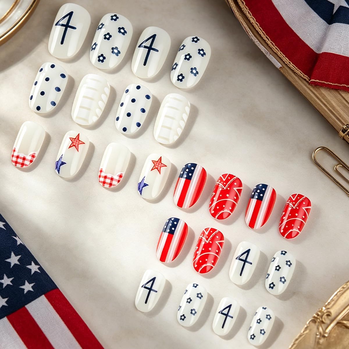 4th of July Press on Nails Medium Oval Patriotic Fake Nails with Star,American flag & Polka Dot Designs,French Tip 4th of July Nails Independence Day Full Cover Stick on Nail for Women Manicure 24Pcs