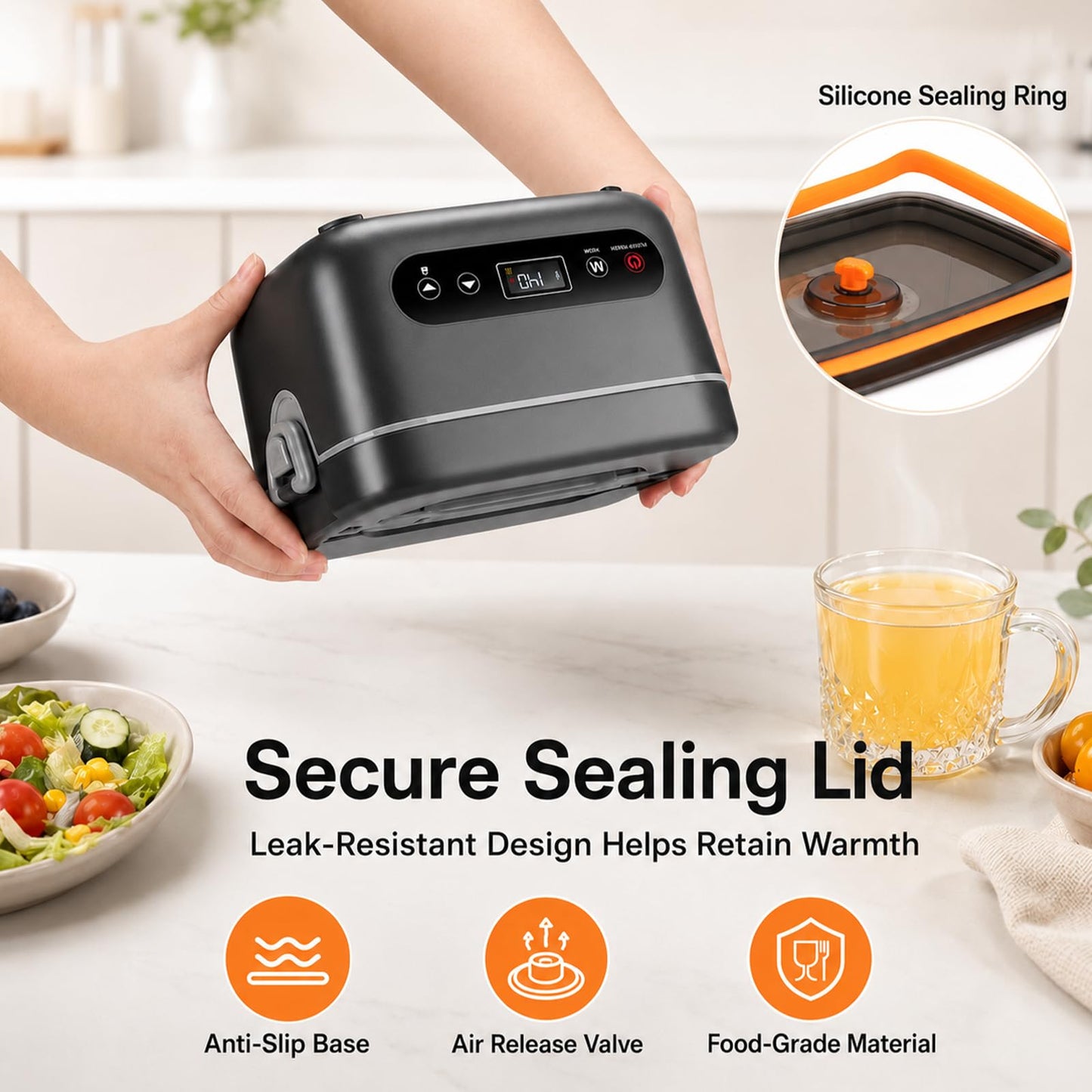 Electric Lunch Box for Men, 1.2L Cordless Heated Lunch Box, 24000mAh Rechargeable Portable Food Warmer with Auto Temperature Control, 5-Sided Heating, Leakproof, for Office, Outdoors & Truck, Black