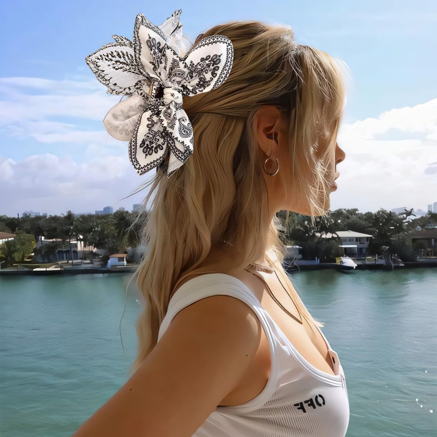 2 PCS Hair Bows, Large Paisley Fabric Bow Hair Claw Clips, Non Slip Grips for Thick Hair Women Hair Accessories(White+Black)